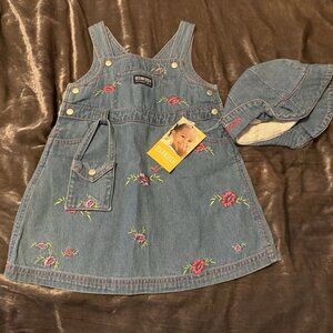 Vintage Y2K NWT Oshkosh Flower Embroidered Denim Overall Dress Hat Purse 3T